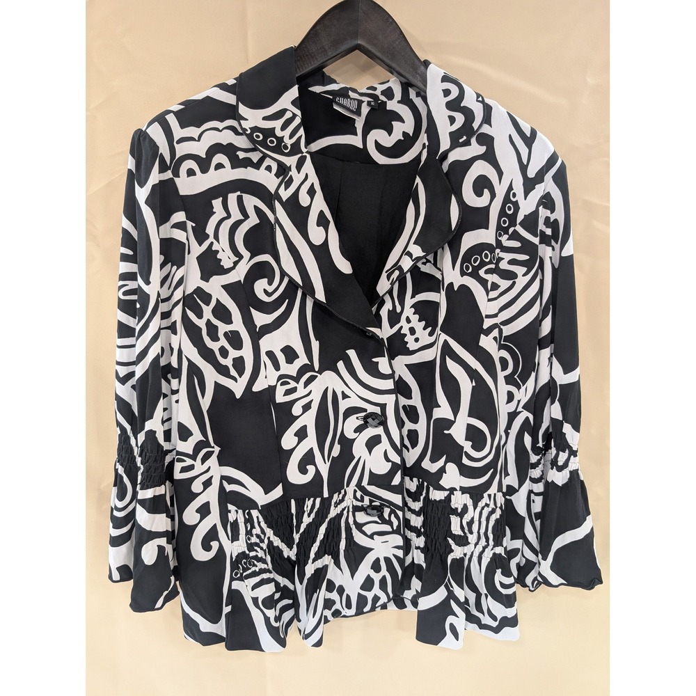 Sharon Young Blouse Size 16 Black White Abstract Print 3/4 Sleeve Button Up - Picture 1 of 6